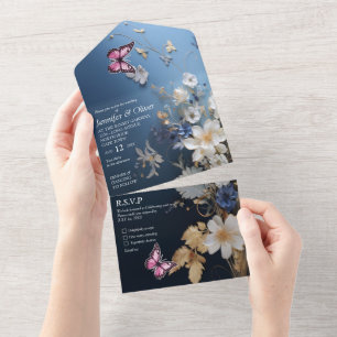 White & Light-blue Silky Flowers on Dark Blue All In One Invitation