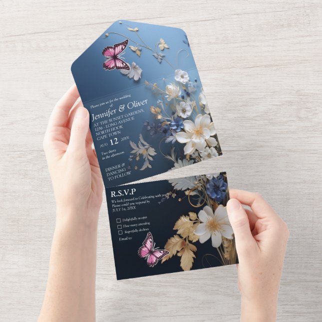 White & Light-blue Silky Flowers on Dark Blue All In One Invitation (Tearaway)