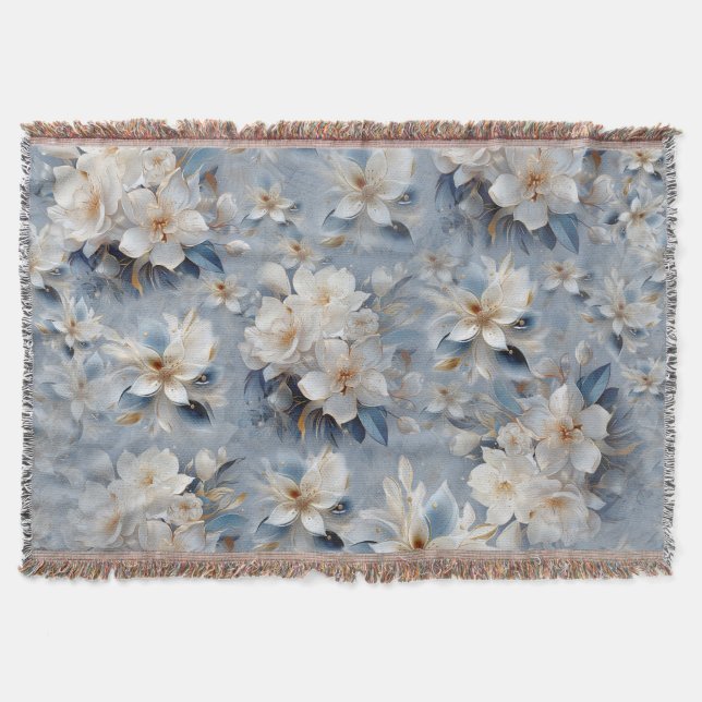 White & light-blue Silky flowers repeats Throw Blanket (Front)