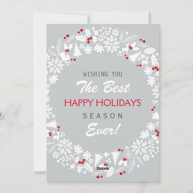 White & Light Grey Christmas Wreath Happy Holidays Holiday Card (Back)