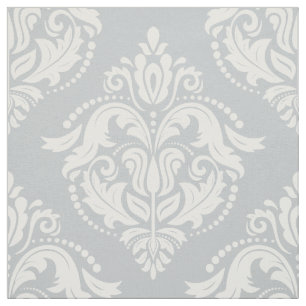 White & Light Grey Floral Damask Geometric Pattern Fabric