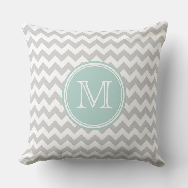 White &Light Grey Zigzag Chevron Pattern Monogram Throw Pillow (Front)
