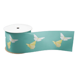 White & Light Yellow Butterflies Flying Mint Green Satin Ribbon