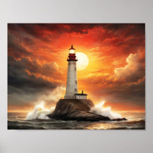 White lighthouse in a stormy sea at sunset poster