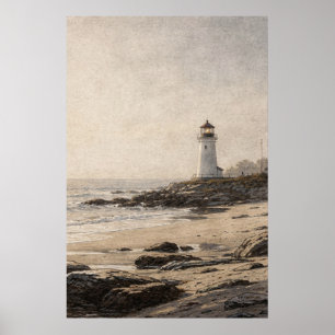 White Lighthouse on a Rocky Shore Poster