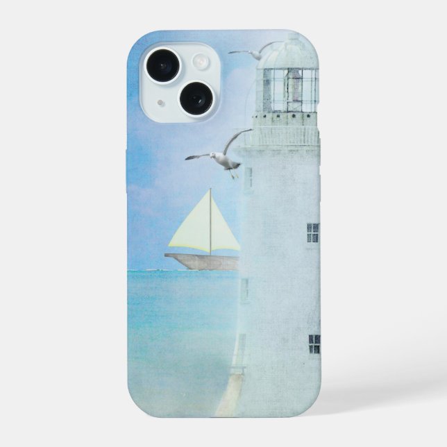 white lighthouse with sailboat iPhone 15 case (Back)