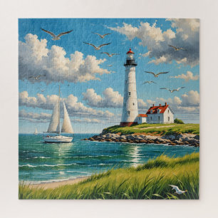 White Lighthouse With Sailboat Jigsaw Puzzle