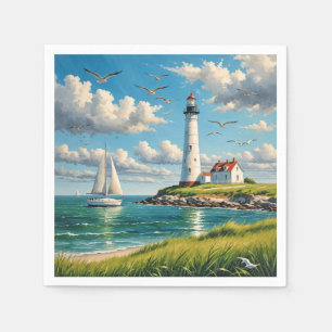 White Lighthouse With Sailboat Napkin