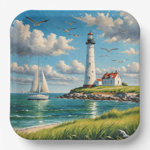 White Lighthouse With Sailboat Paper Plate