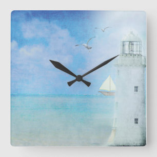 White Lighthouse With Sailboat Square Wall Clock