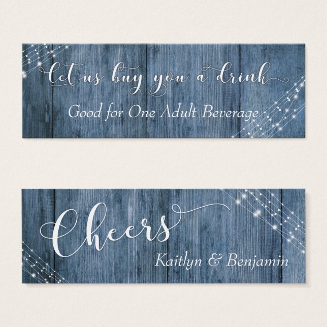 White Lights & Blue Rustic Wood Drink Tickets (Front & Back)