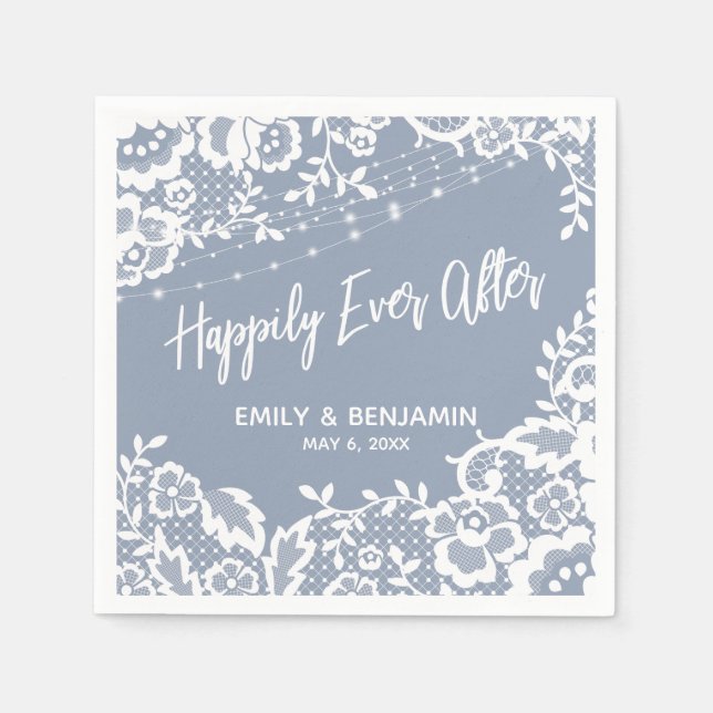 White Lights Lace Happily Ever After Dusty Blue Napkin (Front)