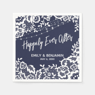 White Lights Lace Happily Ever After Navy Blue Napkin