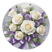 White & lilac roses bouquet, lilac ribbons