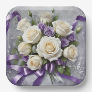White, lilac roses bouquet, white ribbons paper plate