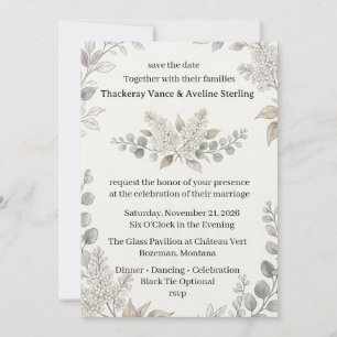 White Lilacs, Eucalyptus Foliage, Botanical Line A Invitation