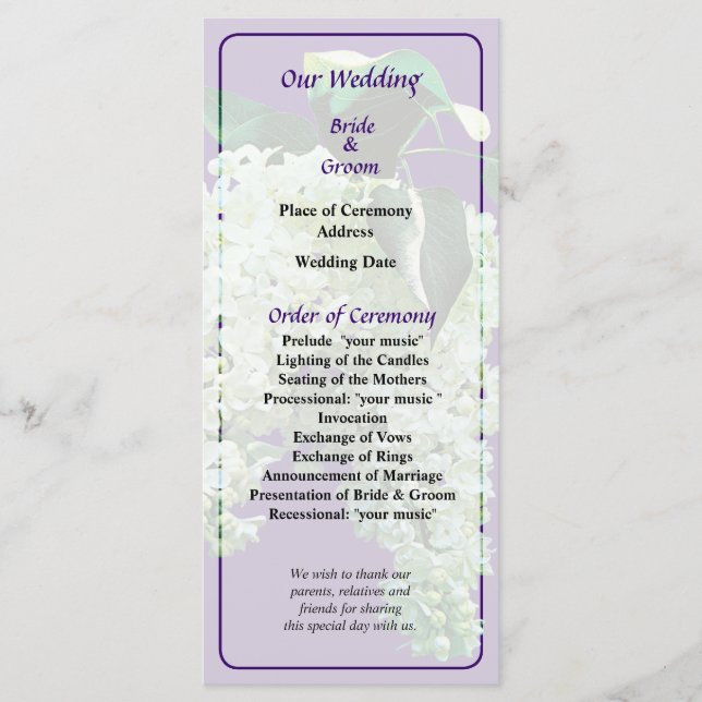 White Lilacs Wedding Program (Front)