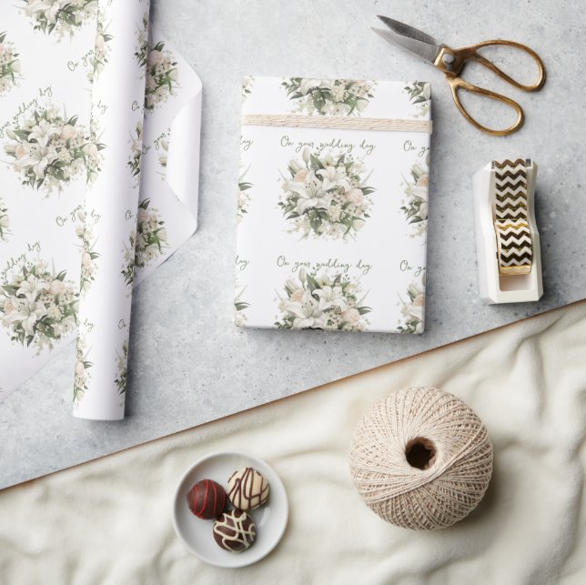 White Lilies and Green Leaves Wedding Bouquet Wrapping Paper (Crafts)