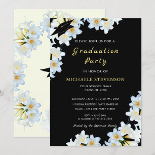 White Lilies Black Graduation Invitation Template
