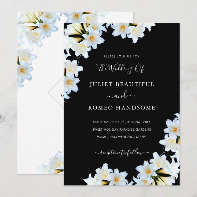 White Lilies Black Wedding Invitation Example (Front/Back)
