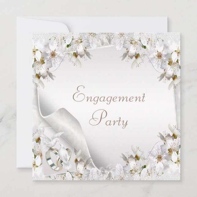 White Lilies, Doves & Wedding Bands Engagement Invitation (Front)