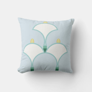 White lilies floral pattern on light blue throw pillow
