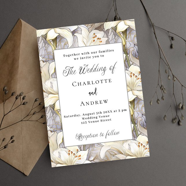 White lilies florals silver retro wedding invitation postcard (Creator Uploaded)