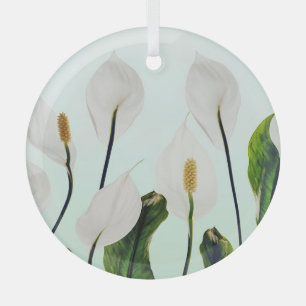 White Lilies Flowers Blue Seamless Glass Ornament