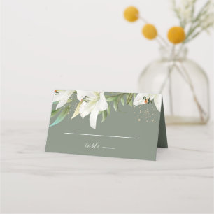 White Lilies Gold Dots Place Card