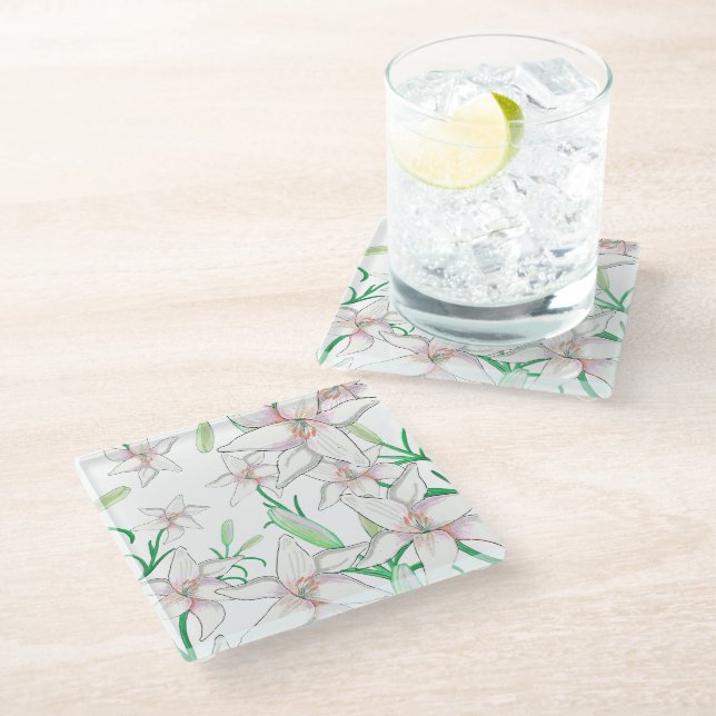 White Lilies Illustration   Glass Coaster (Angled)