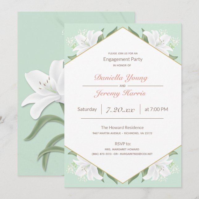 White Lilies & Mild Mint Engagement Party Invitation (Front/Back)