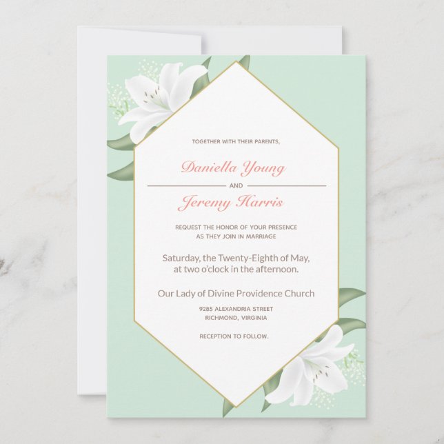 White Lilies & Mild Mint Wedding Invitation (Front)