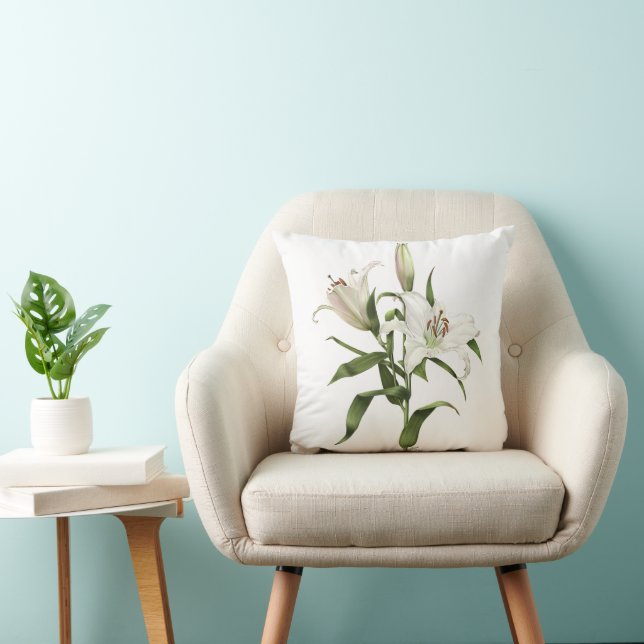 White Lilies Modern Botanical Art Design Throw Pillow (Chair)