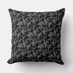 White Lilies-of-the-Valley Pattern on Black Throw Pillow