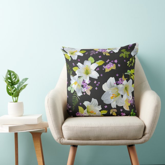 White Lilies on Black Floral Pattern Throw Pillow (Chair)