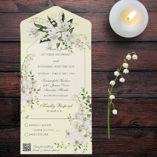 White Lilies on Pale Yellow with QR Code  All In One Invitation