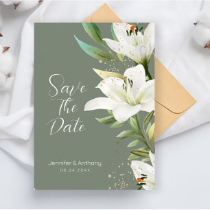 White Lilies on Smokey Green Background  Save The Date