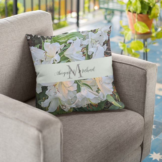 White Lilies Wedding Couple Monogram Floral Throw Pillow (In Situ Chair)