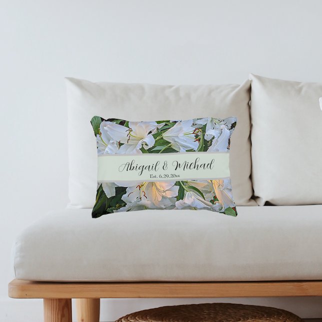 White Lilies Wedding Couple Names Floral Accent Pillow (In Situ Sofa)