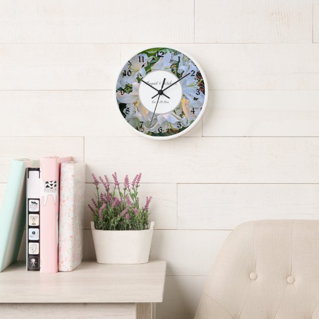 White Lilies Wedding Couple Names Floral Clock (Reading Room)