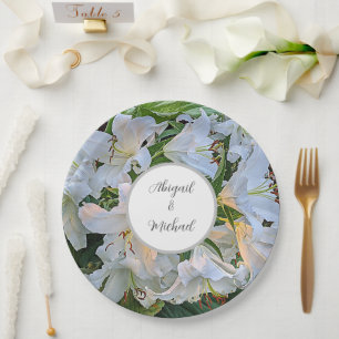 White Lilies Wedding Couple Names Floral Paper Plate