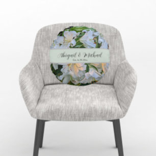 White Lilies Wedding Couple Names Floral Round Pillow