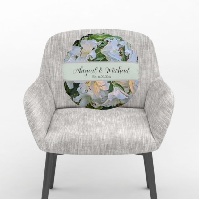 White Lilies Wedding Couple Names Floral Round Pillow (In Situ Chair)