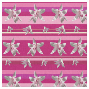 White Lilium Flowers & Stripes  Fabric