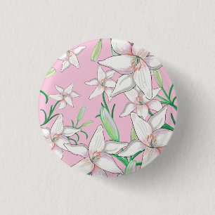 White Lillies on Pink Background Illustration  1 Inch Round Button