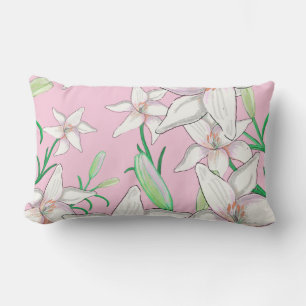 White Lillies on Pink Background Illustration Lumbar Pillow