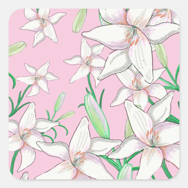 White Lillies on Pink Background Illustration  Square Sticker (Front)