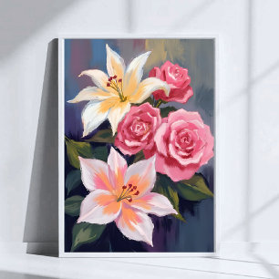 White Lillies Pink Rose Bouquet Watercolor Floral Poster