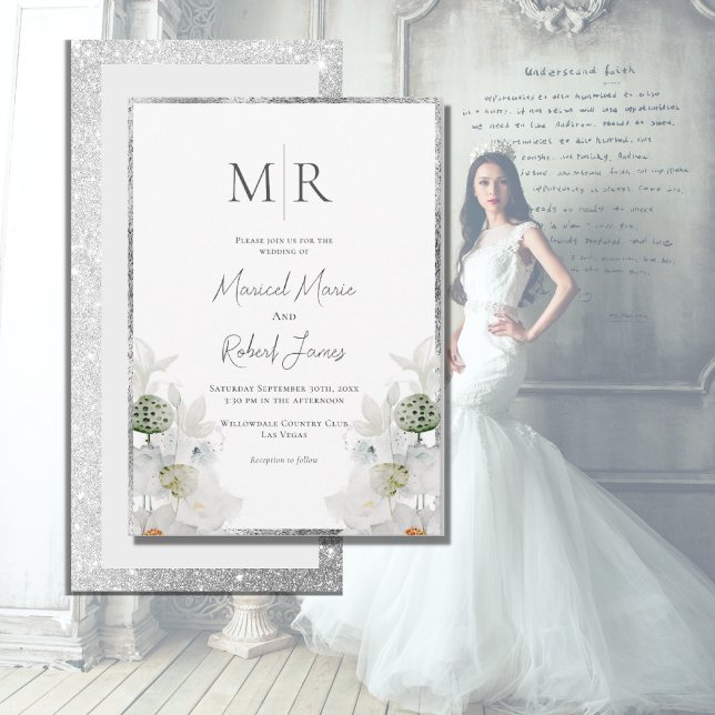 White Lilly Botanical Monogram Elegant Wedding Invitation (Creator Uploaded)