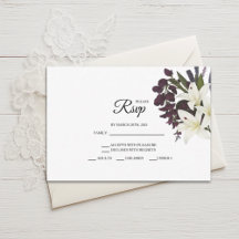 White Lily and Plum Floral Wedding RSVP Cards